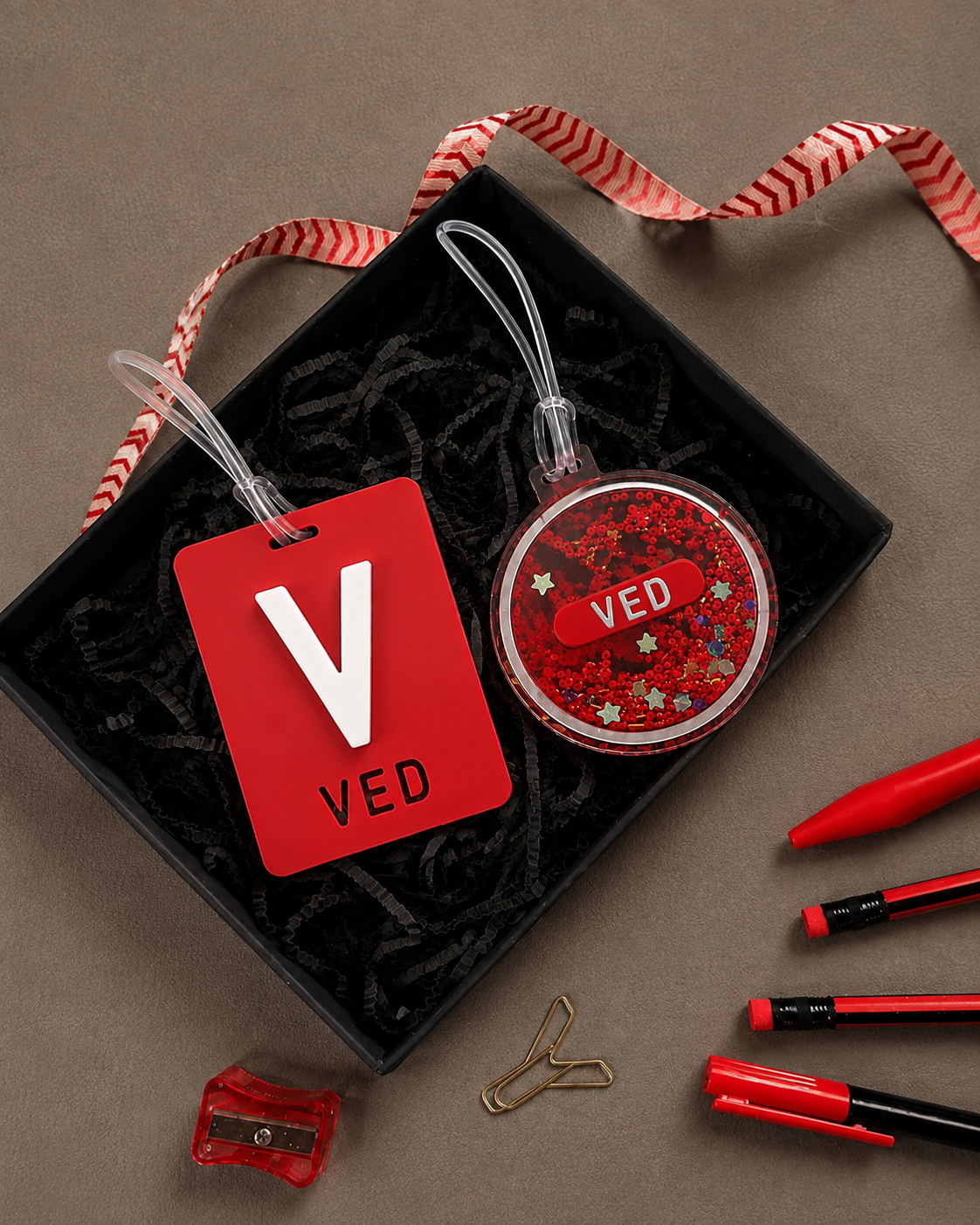 Block Letter  + Confetti Tag - Fiery  Red